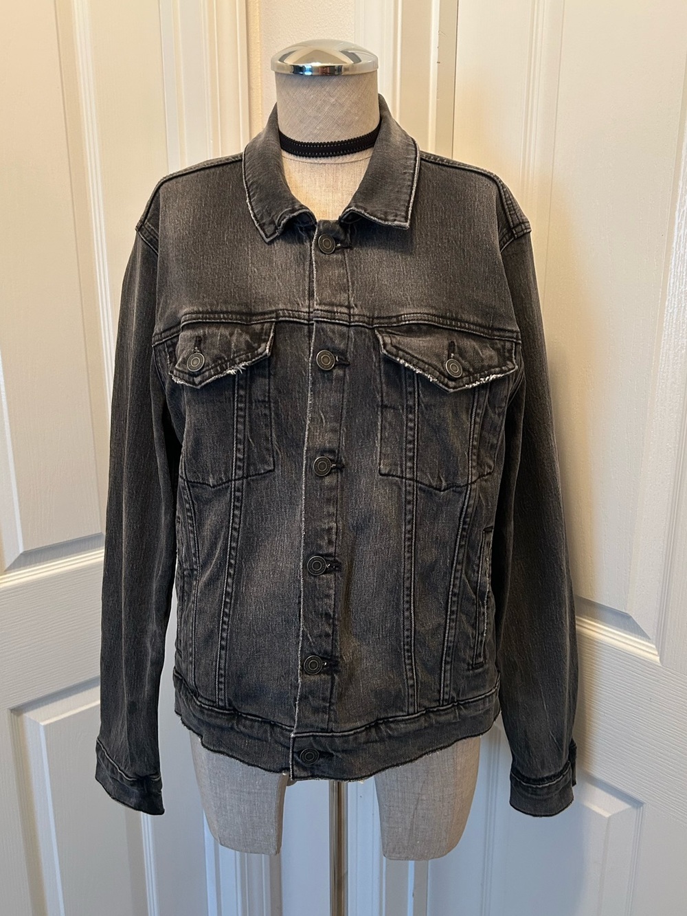 Women’s  Washed Black Denim Jacket - Classic Button-Up Trucker